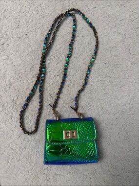 Iridescent Green-Blue Mini Crossbody Bag with Chain Strap